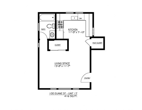 Floor plan for 1 bed, 1 bath, 635 sqft